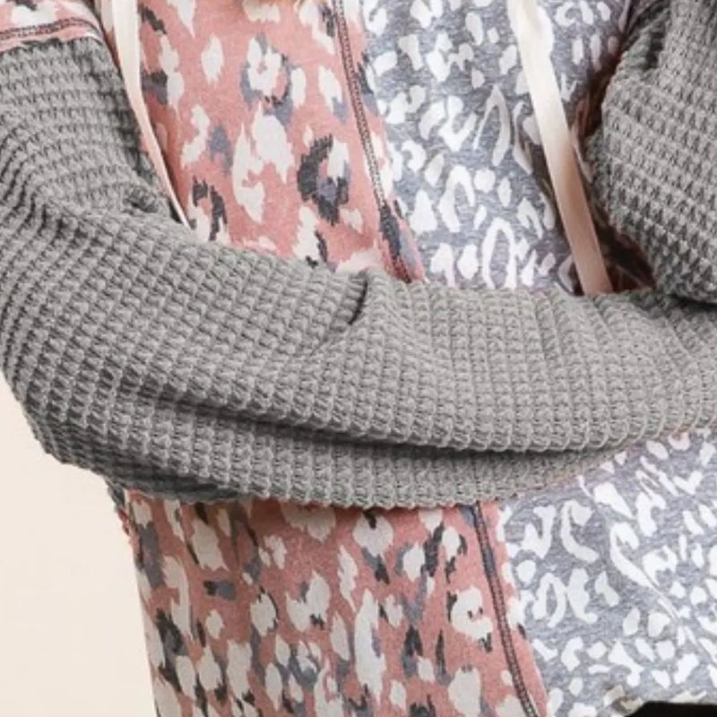 BiBi Popcorn Waffle Knit Hoodie with Print Block Front