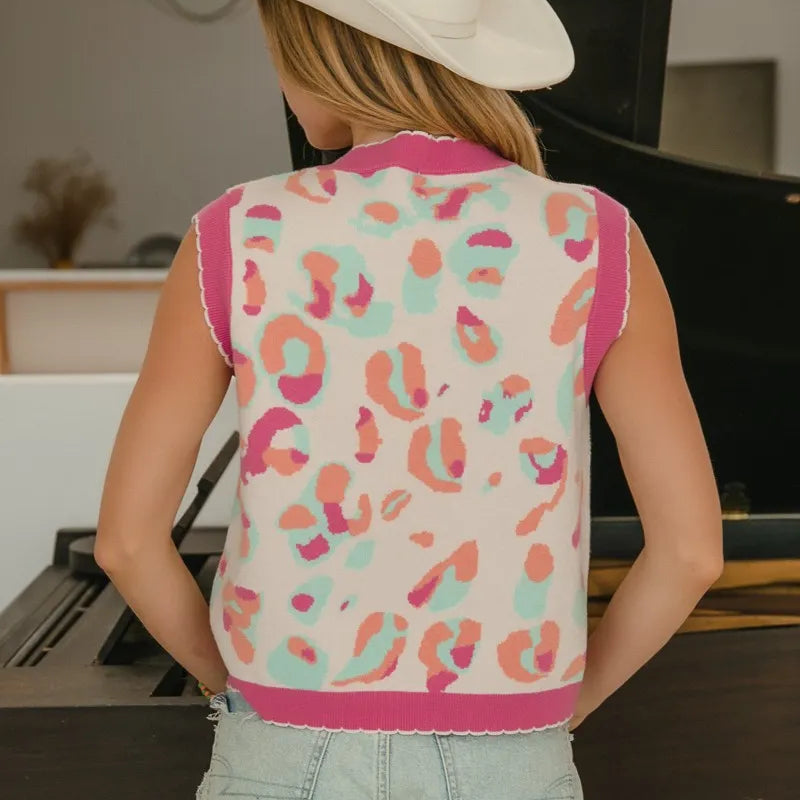 BiBi Leopard Sweater Vest With Front Tie and Scallop Detail