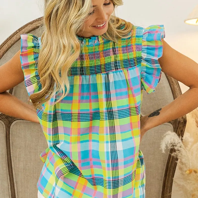 BiBi Multi Color Check Plaid Woven Top