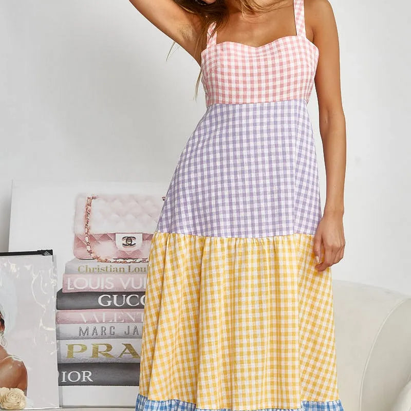 BiBi Color Block Tiered Gingham Dress