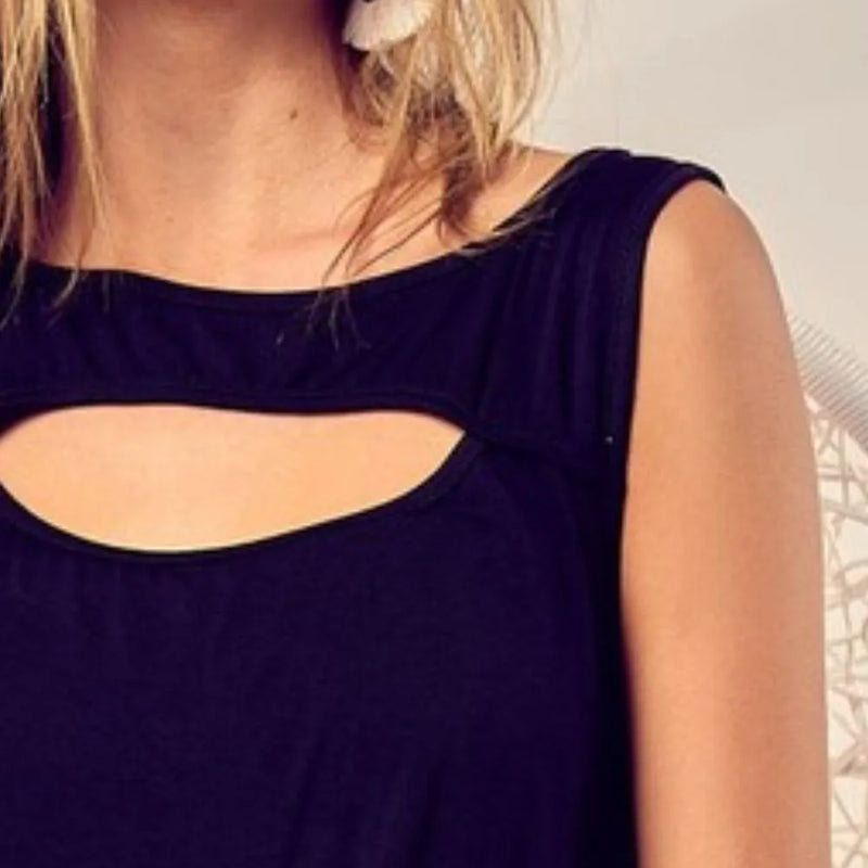 BiBi Rayon Span Knit With Cut Out Front Sleeveless Top in Black