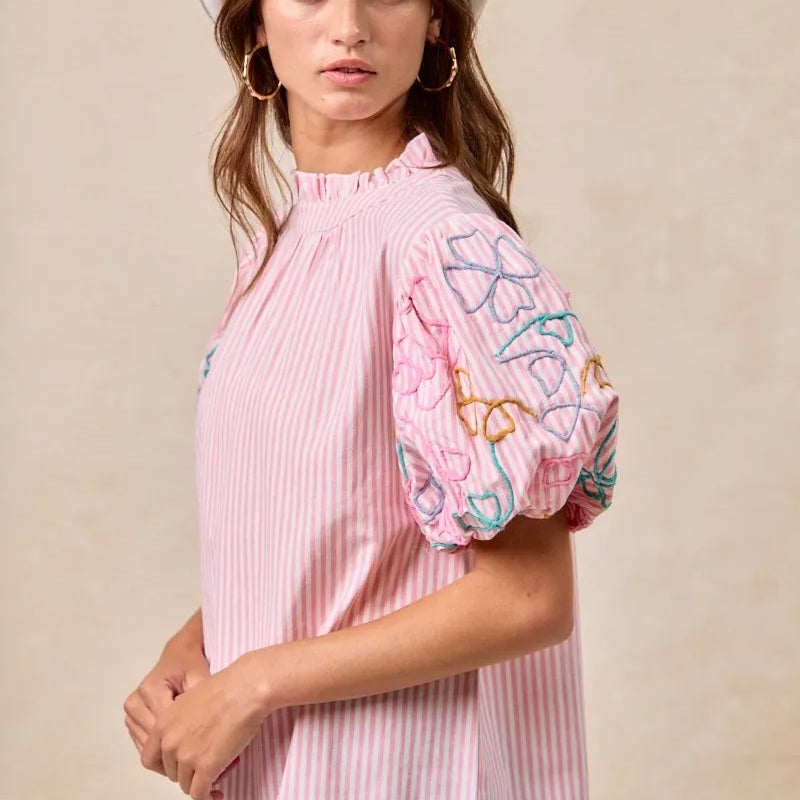 BiBi Embroidery Bubble Sleeve Top With Bottom Scallop Detail