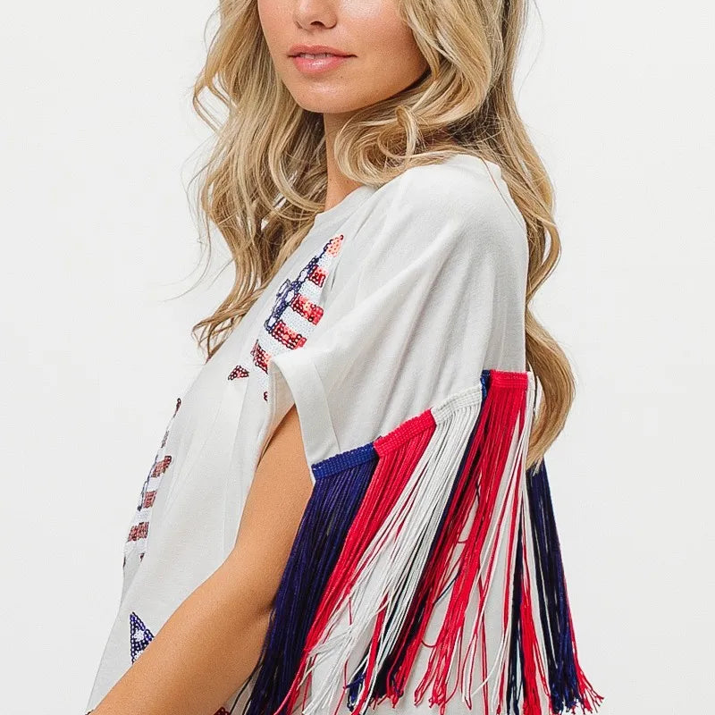 BiBi American Flag Sequin Star Fringe Top