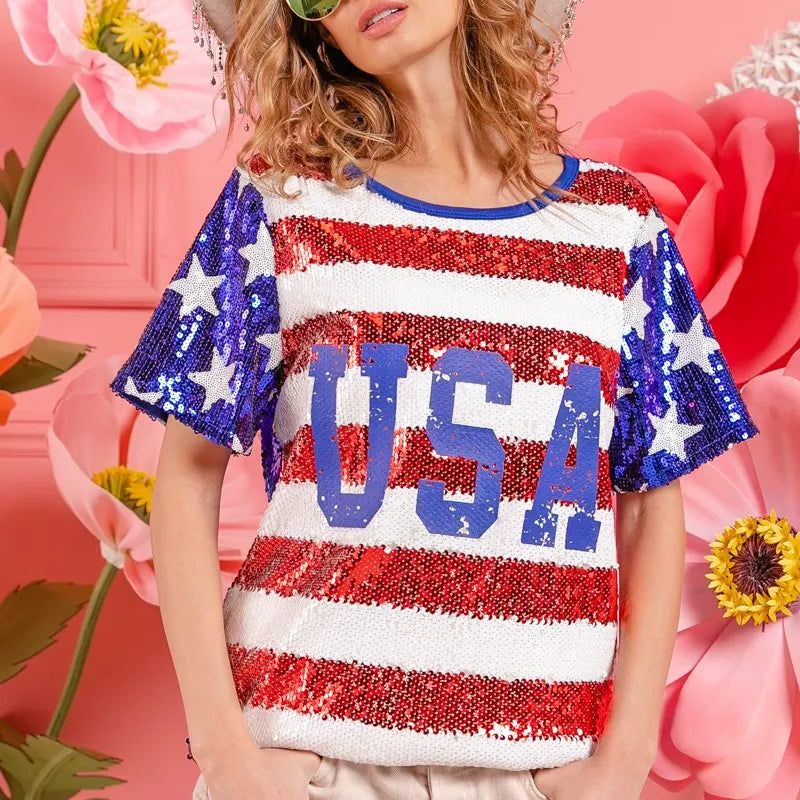 BiBi American Flag Theme USA Lettering Sequin Top