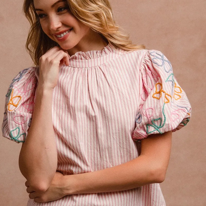 BiBi Embroidery Bubble Sleeve Top With Bottom Scallop Detail