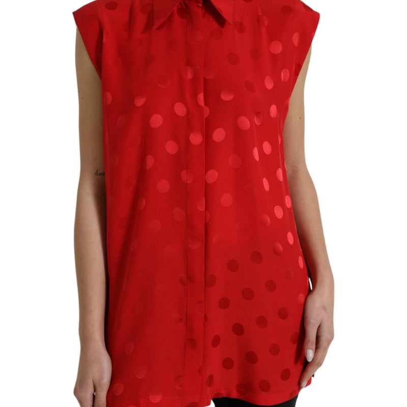 Dolce & Gabbana Red Polka Dot Sleeveless Collared Blouse Top