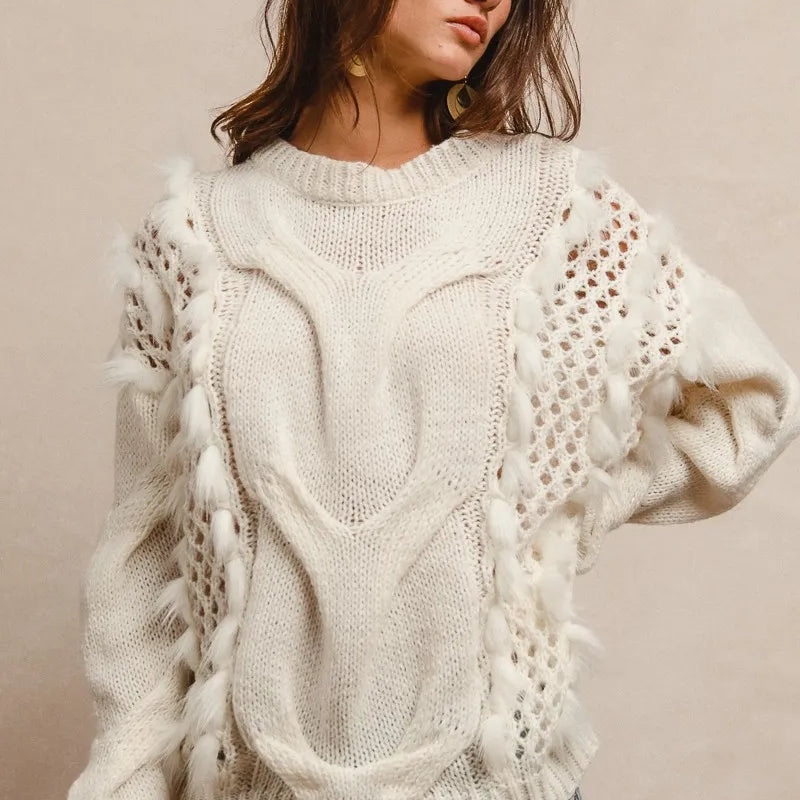 BiBi Faux Fur Detailed Pointelle Cable Knit Sweater