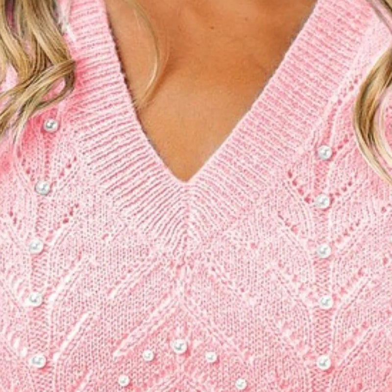 BiBi Chevron Pointelle Pearl Knit Top in Blush