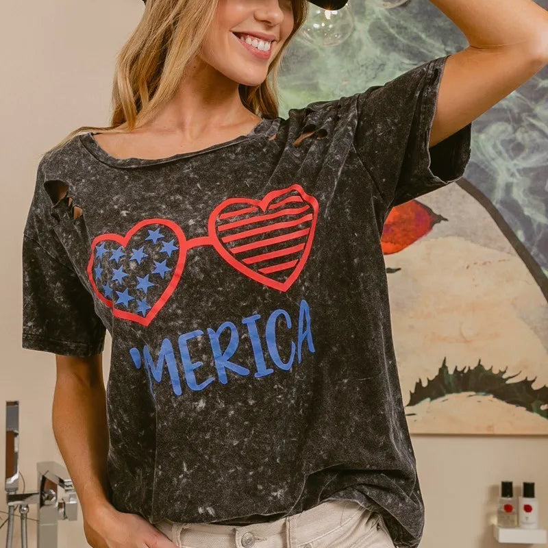 BiBi 4th Of July Theme Mineral Washed Laser Cut Top