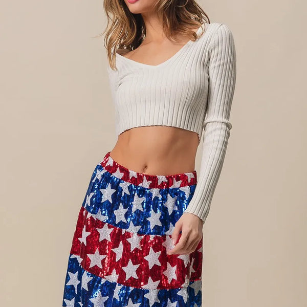 BiBi American Flag Theme Star Sequin Tiered Skirt