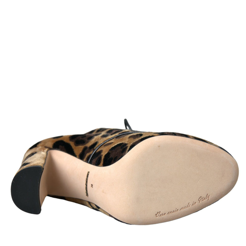 Dolce & Gabbana Brown Leopard Hair Lace Up Booties Shoes