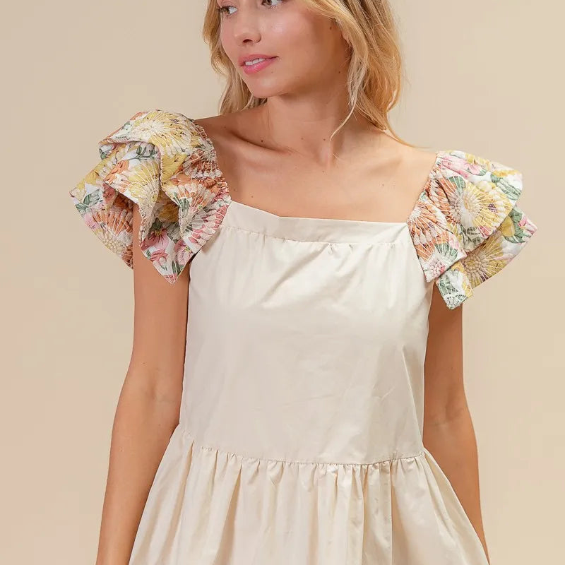BiBi Flower Embroidered Floral Print Sleeve Dress