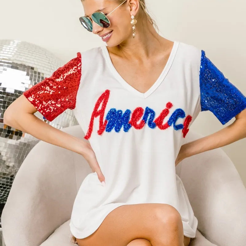 BiBi Metallic Letter V-neck Sequin Sleeves Top in Cream
