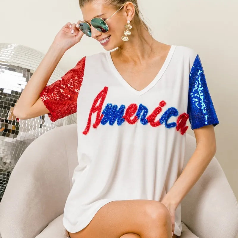 BiBi Metallic Letter V-neck Sequin Sleeves Top in Cream