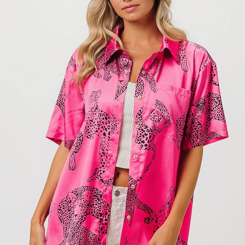 BiBi Leopard Print Short Sleeve Silky Satin Shirt Top