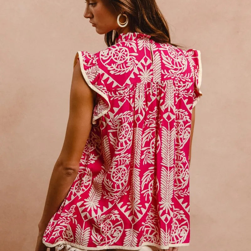 BiBi Printed Ruffle Sleeve Top