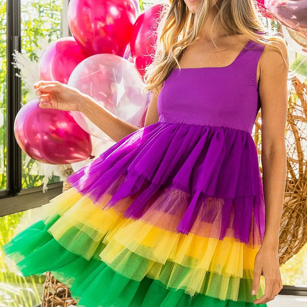 BiBi Mardi Gras Color Block Layered Mesh Tiered Dress