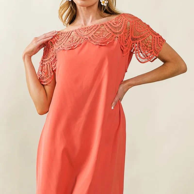 BiBi Crochet Lace Yoke Detailed Wrinkled Dress