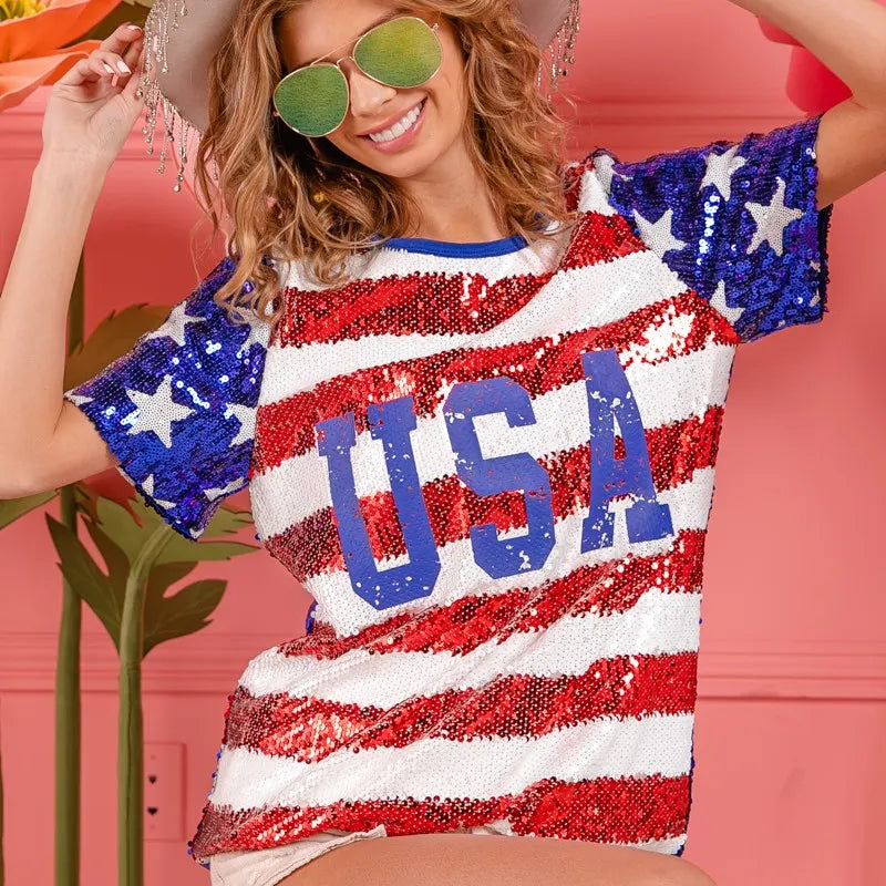 BiBi American Flag Theme USA Lettering Sequin Top
