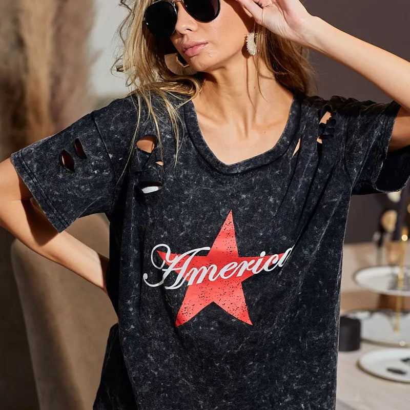BiBi Laser Cut Mineral Washed Jersey Top with  America in Black