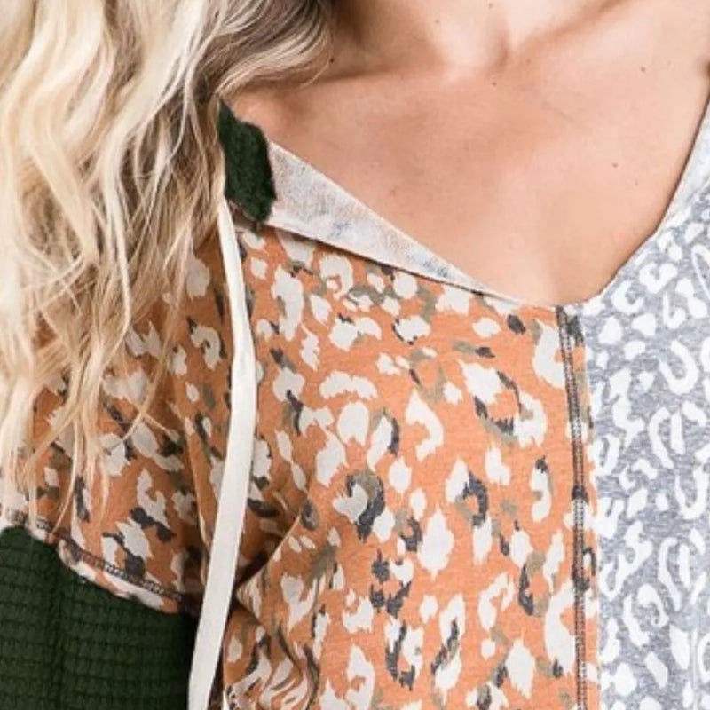 BiBi Popcorn Waffle Knit Hoodie with Print Block Front