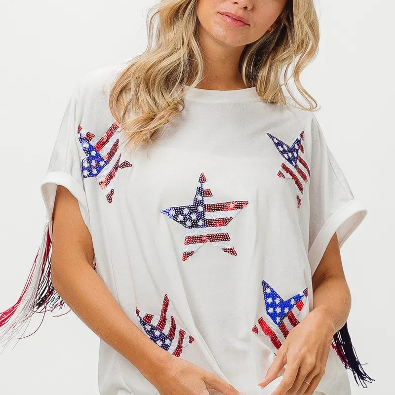 BiBi American Flag Sequin Star Fringe Top