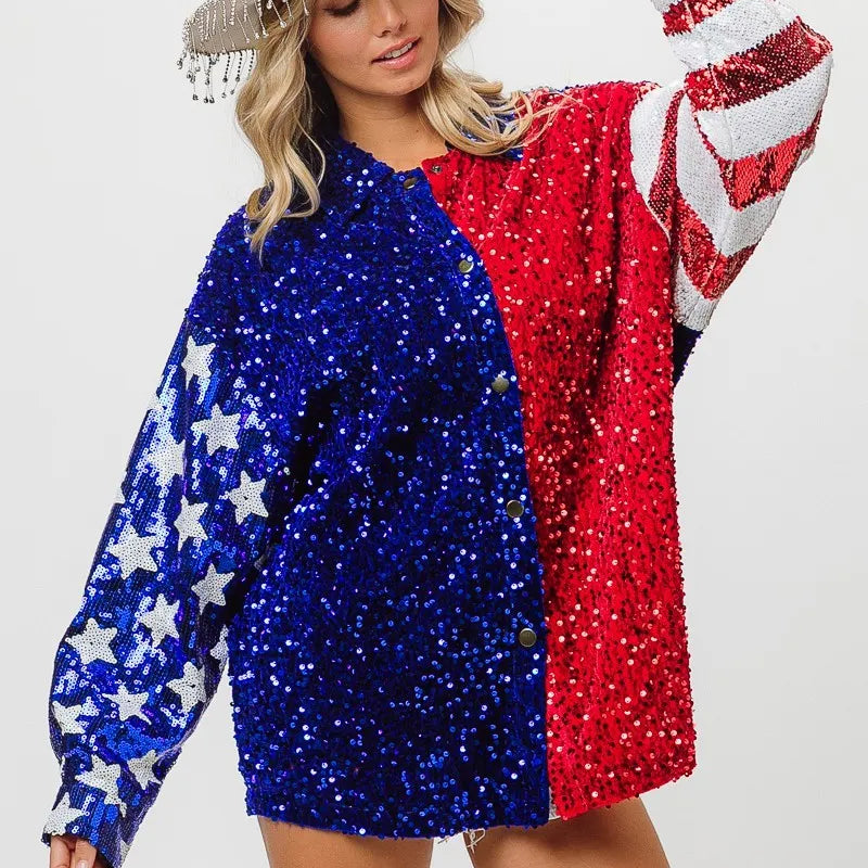 BiBi American Flag Sequin Snap Down Shirt