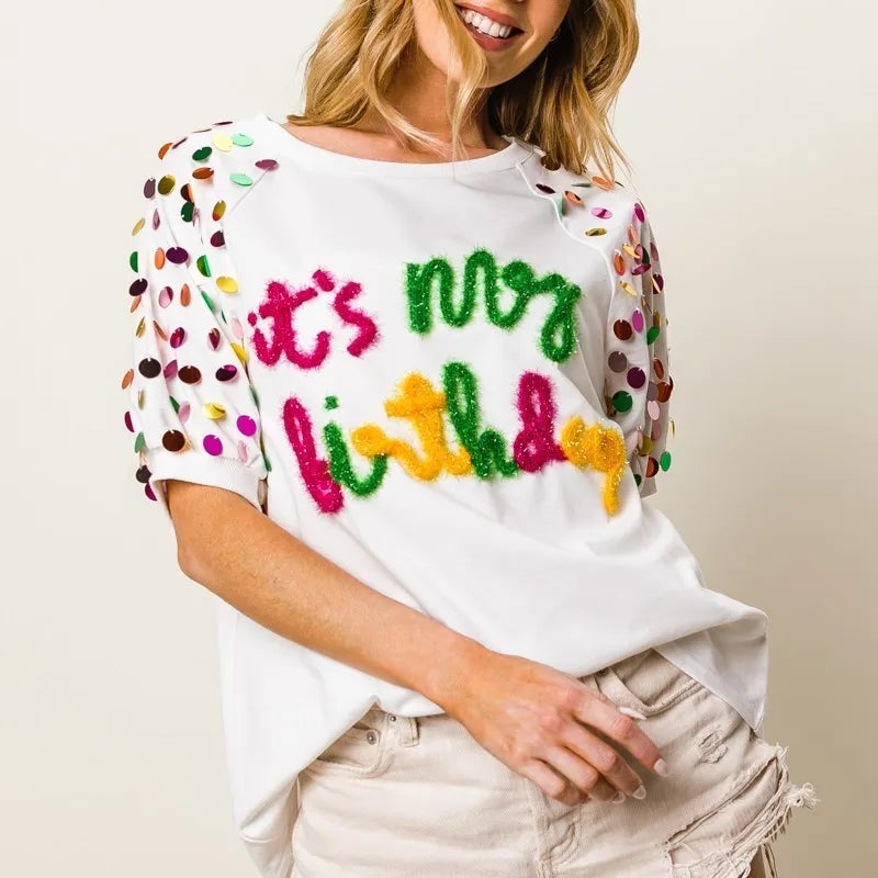 BiBi Metallic Letter Spangle Raglan Puff Sleeve Top