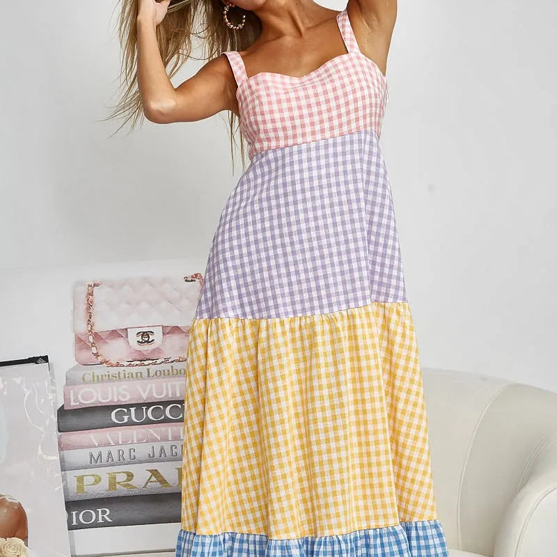 BiBi Color Block Tiered Gingham Dress