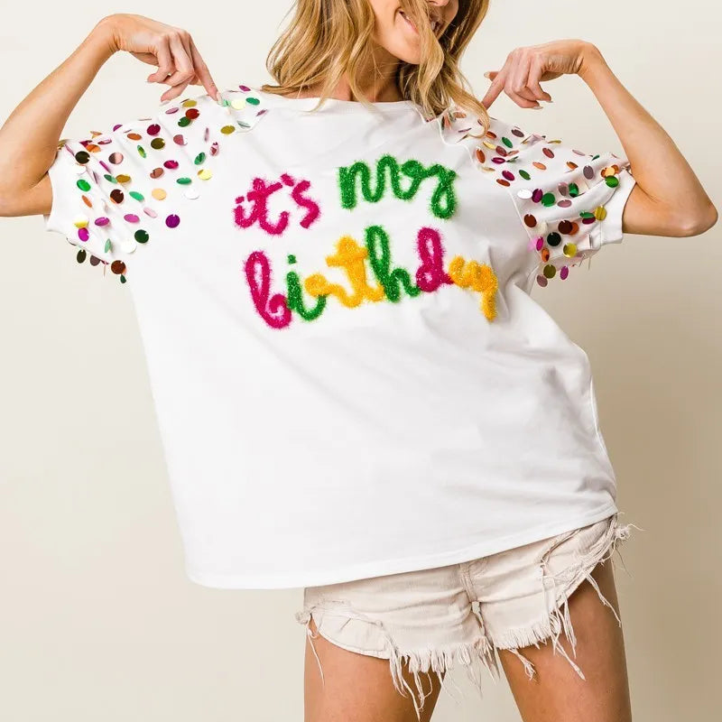 BiBi Metallic Letter Spangle Raglan Puff Sleeve Top