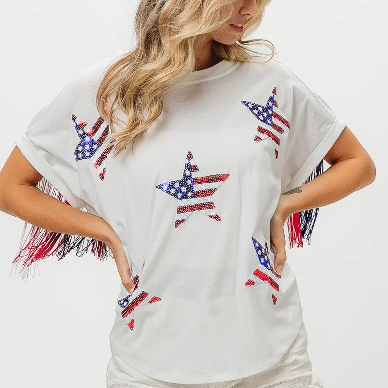BiBi American Flag Sequin Star Fringe Top
