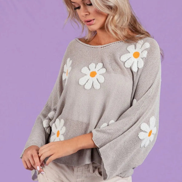 BiBi Flower Embroidery Loose Fit Knit Top