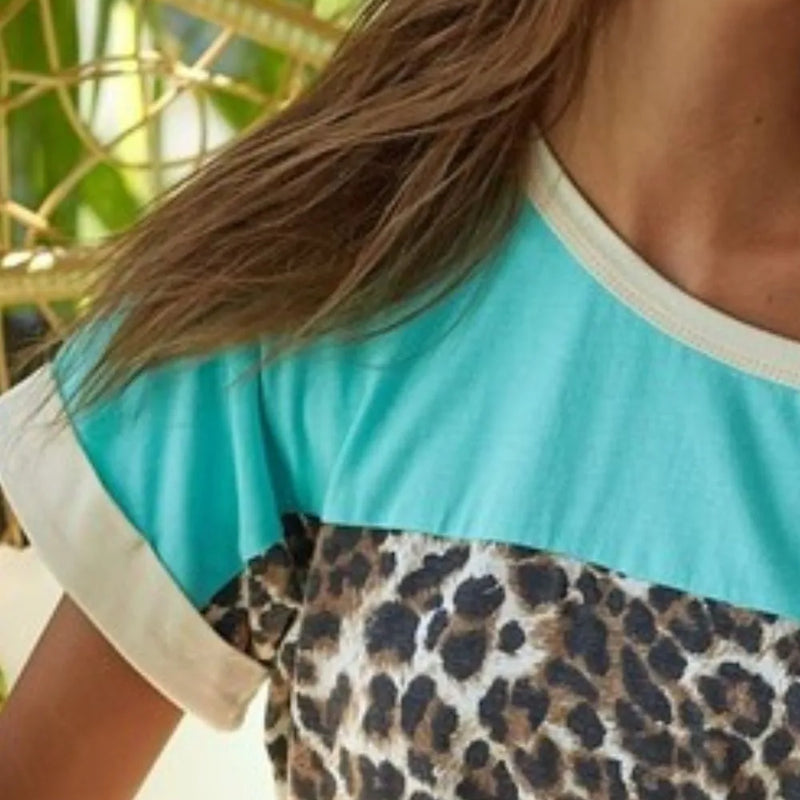 BiBi Leopard Printed Jersey  Color Block Roll Up Top in Mint