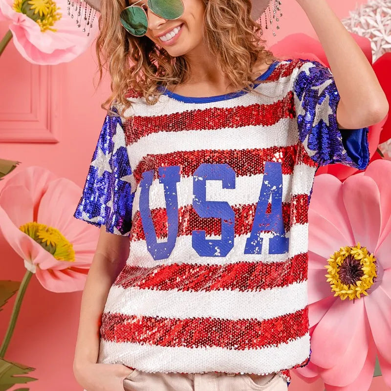 BiBi American Flag Theme USA Lettering Sequin Top