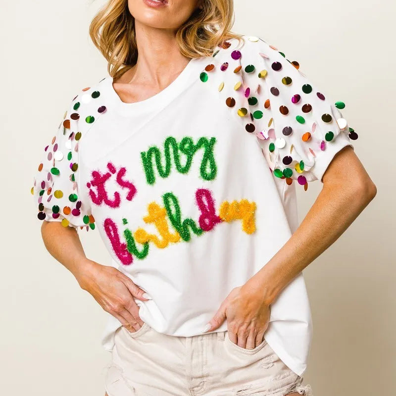 BiBi Metallic Letter Spangle Raglan Puff Sleeve Top