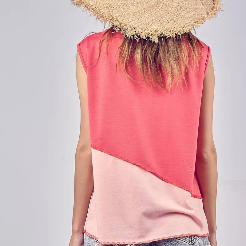 BiBi Color Block Contrast Stitching Buttoned Henley Top