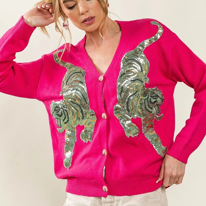 BiBi Front Tiger Sequin Patch V-neck Sweater Cardigan