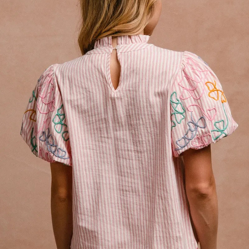 BiBi Embroidery Bubble Sleeve Top With Bottom Scallop Detail