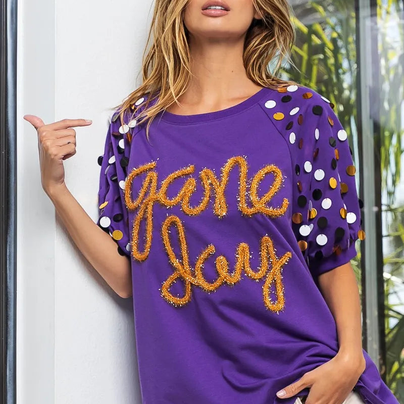 BiBi Game Day Metallic Letter Spangle Sleeve Top