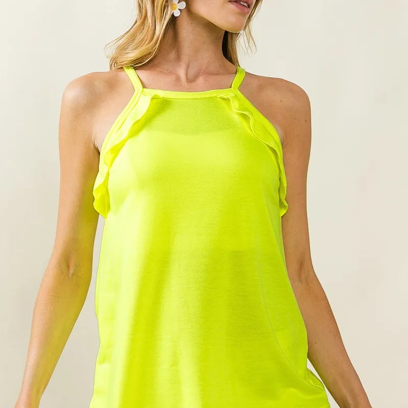 BiBi French Terry Knit Ruffled Detail Sleeveless Top