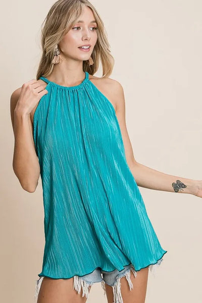 BiBi Pleating Knit Halter Neck Top in Teal