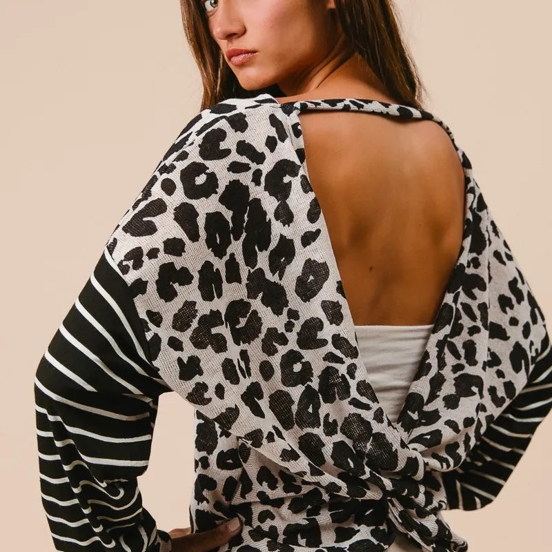 BiBi Leopard Hacci Knit Twist Back Top With Stripe Sleeve