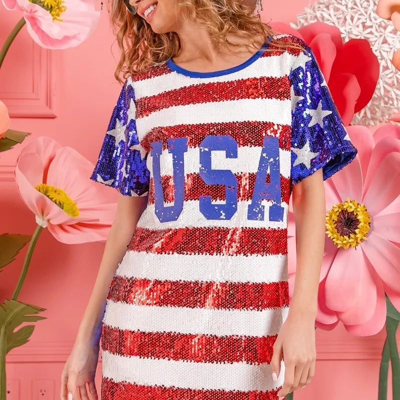 BiBi American Flag Theme Usa Print Sequin Dress