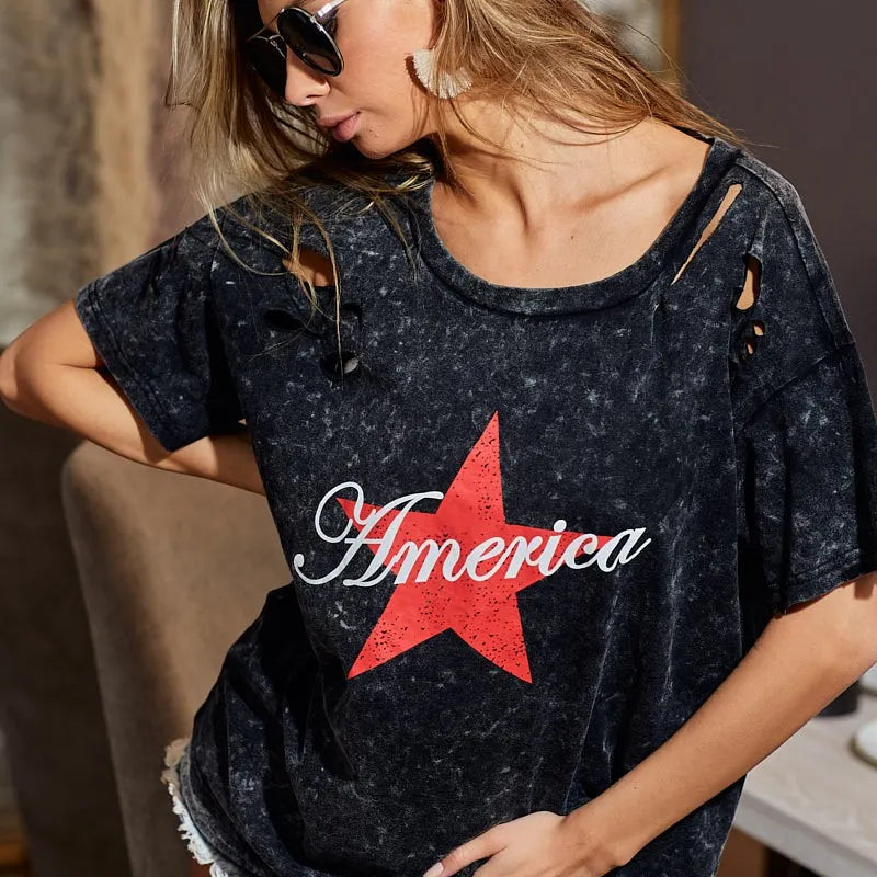 BiBi Laser Cut Mineral Washed Jersey Top with  America in Black