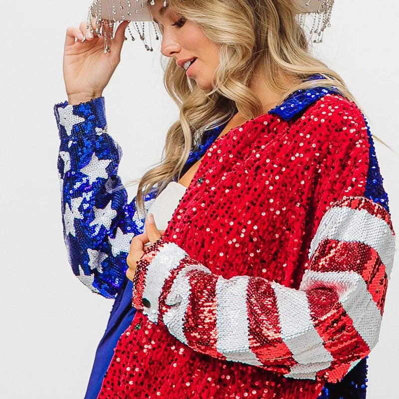 BiBi American Flag Sequin Snap Down Shirt