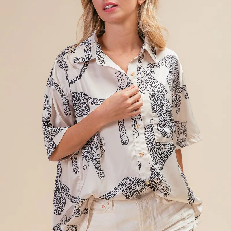 BiBi Leopard Print Short Sleeve Silky Satin Shirt Top
