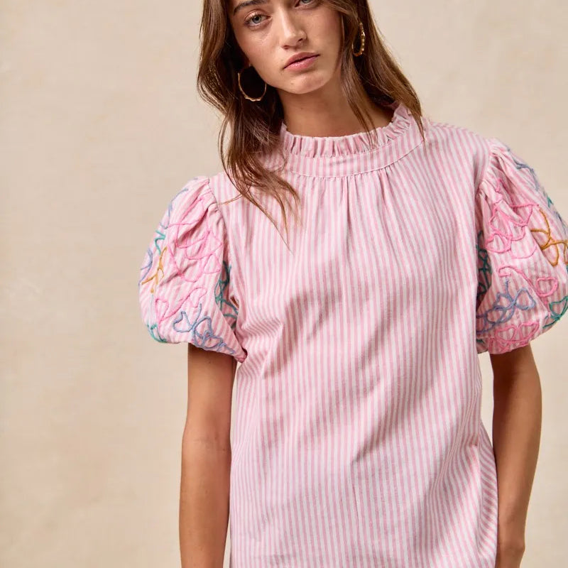 BiBi Embroidery Bubble Sleeve Top With Bottom Scallop Detail