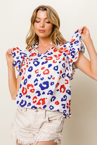 BiBi Leopard Notched Ruffled Cap Sleeve Blouse