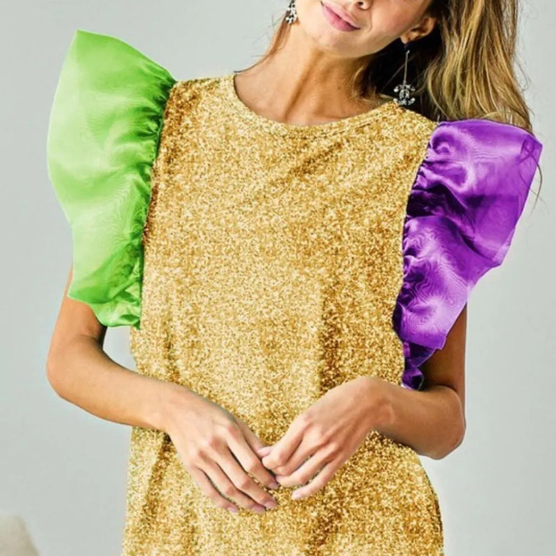 BiBi Mardi Gras Color Block Organza Sleeve Sequin Top