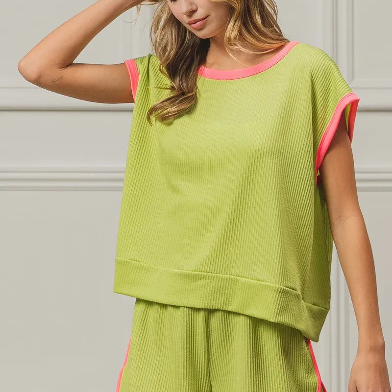 BiBi Cord Rib Knit Contrast Banded Top